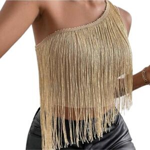 One Shoulder Crop Top With Fringed Trim Gold Tone